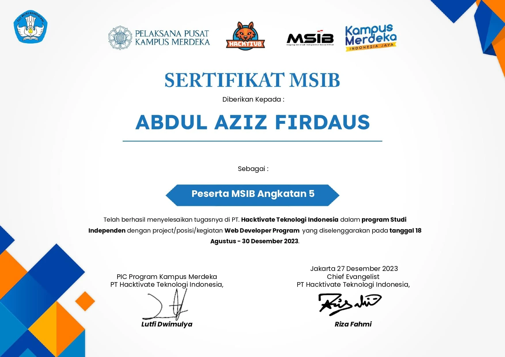 Sertifikat Kampus Merdeka Pelatihan - Web Developer